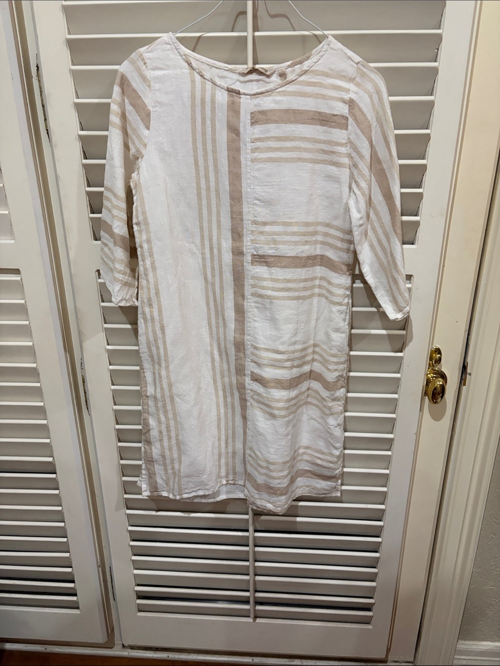 Soft Surroundings Striped Linen-Blend Tunic Dress in White & Beige. Size small
